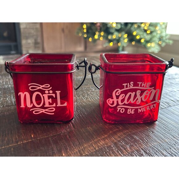Red Glass Tea Light Holders Noël & Tis The Season Christmas Decor 3" Square - Picture 1 of 8
